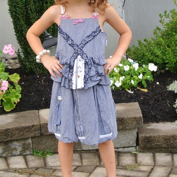 POM POM CASUAL Dutch girls SKIRT Set Black White Check Lace Ruffles 5 6 - Picture 2 of 2